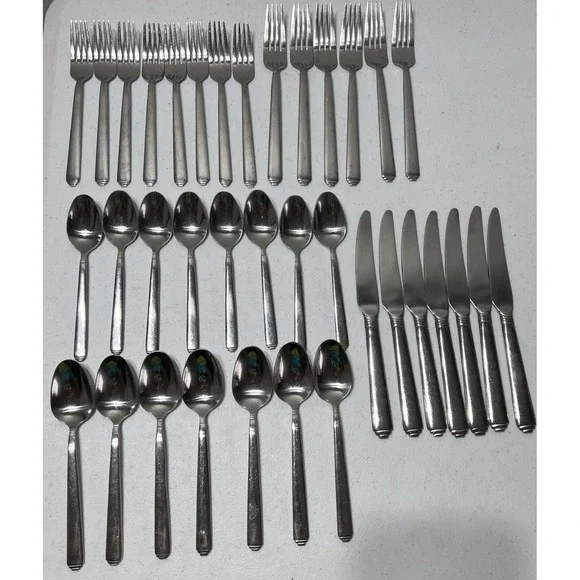 Solid Stainless Steel Ribbed LOT Of 36 Pieces Forks Spoons Knives -Unmarked