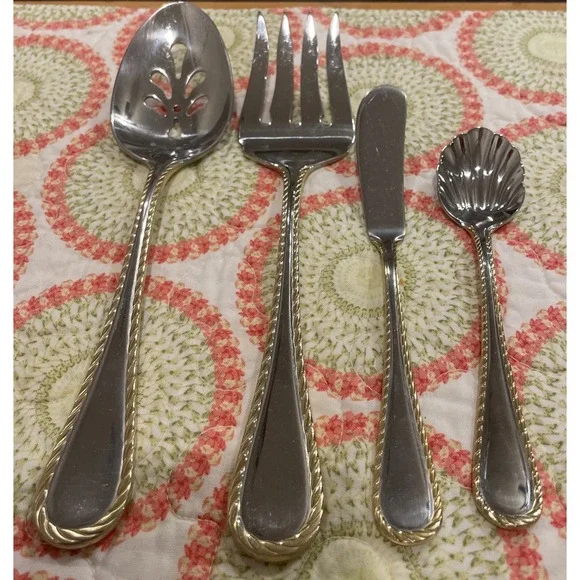 Oneida Golden Belmont Stainless Rope Edge Gold Serving Piece Fork Spoon Set Of 4
