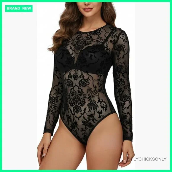 Sheer Lace Mesh Bodysuit Long Sleeve Snap Crotch Flocked Floral