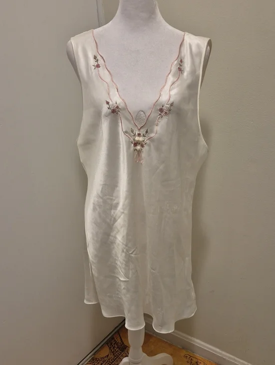 Vintage Ivory Satin Nightgown with Pink Floral Embroidery by Val  Mode