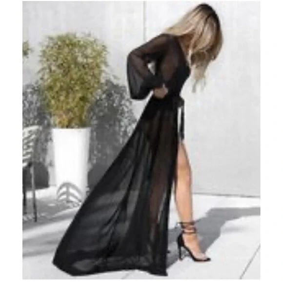 LEG AVENUE Black Sheer Duster Robe Faux Fur Border Sleeves And Hem Size S/M