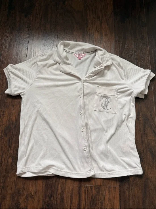 Juicy Couture White Short-Sleeve Ribbed Button-Up Pajama Top