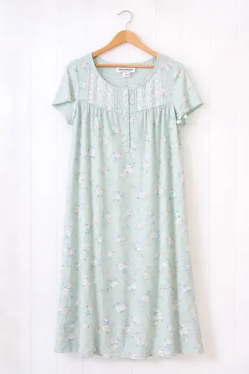 Laura Ashley Nightgown Floral Cotton Sleep Dress Short Sleeve Size Small