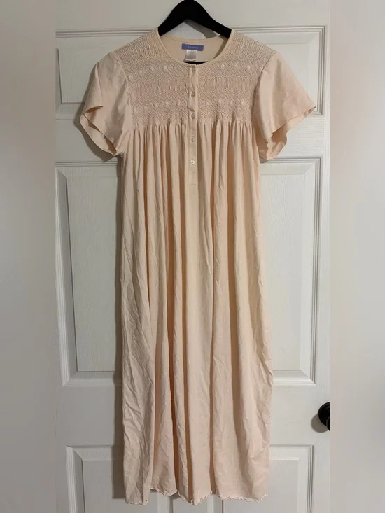 P. Jamas Luxury Peach Pima Cotton Smocked Maxi Nightgown