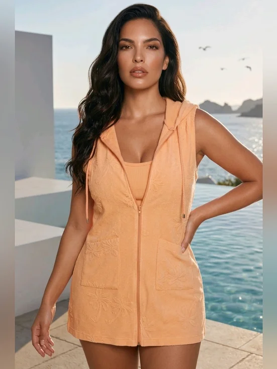 Secret Treasres Palm Tree Print Beach Cover Up Robe. Hooded Peach Color. Size M