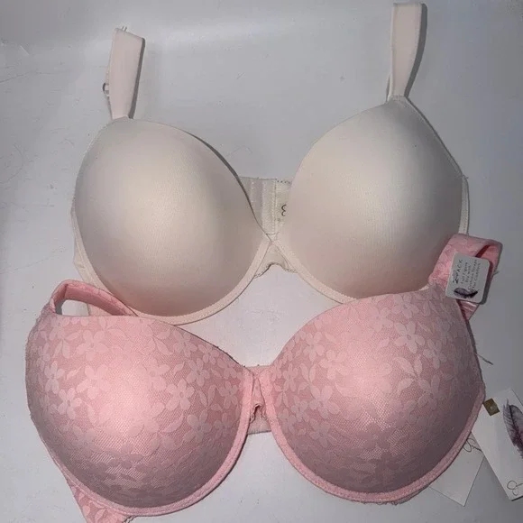 Jessica Simpson 40D 2PK T-Shirt Bras Nude Pink Lace Girly Coquette Feminine