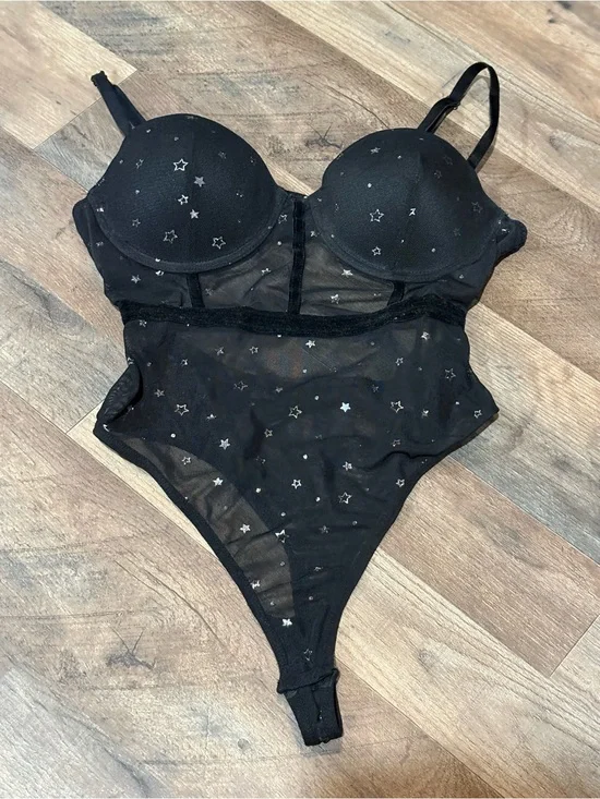 Forever 21 Black Mesh Star Accent Bodysuit