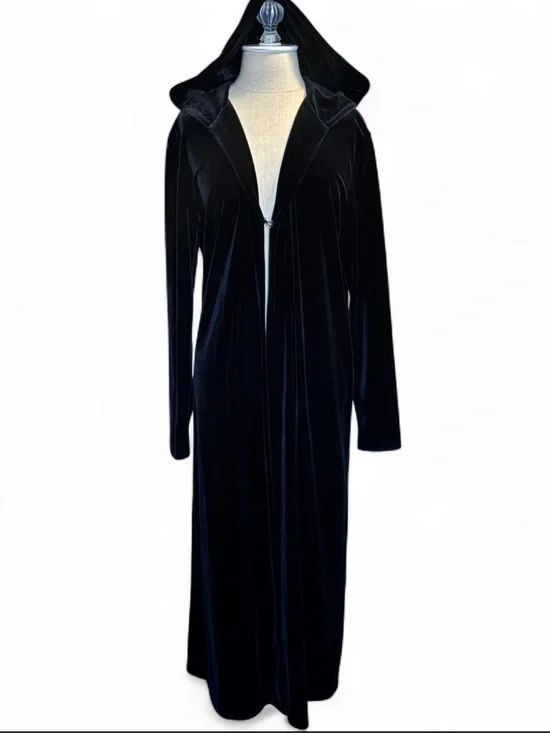 Vintage witchy black velvet full length hooded long sleeve maxi cardigan