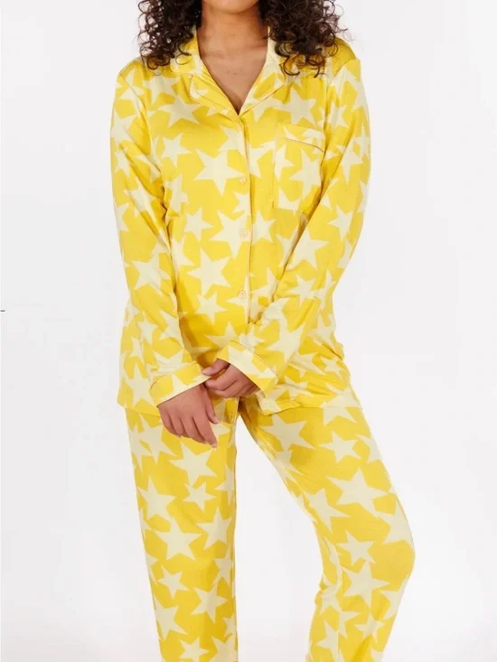 Women’s Yellow Star-Print Pajama Set - Button-Front Lounge PJs