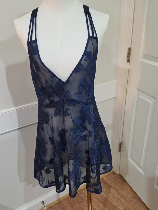 Vintage Y2K Angelique Sheer Floral Embroidered Babydoll Slip Dress - Size L