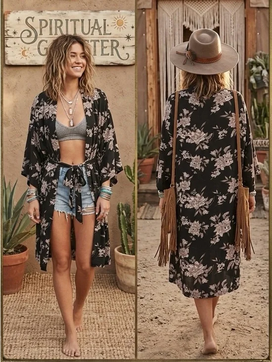 Spiritual Gangster Maya Tie Front Floral Kimono OS