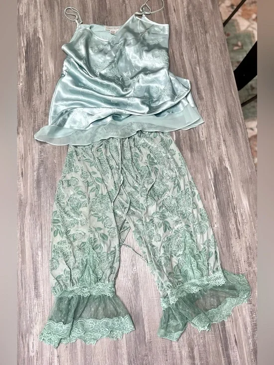Morgan Taylor Mint Green Satin Camisole w Floral Embroidery Bloomers