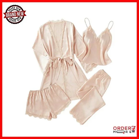 Silk Pajama Set 4pcs with Robe Lace Trim Lounge Sleepwear