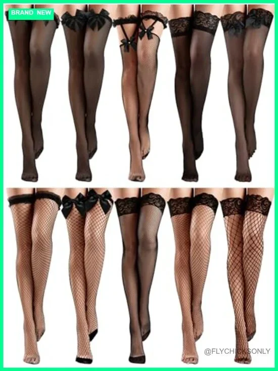 10 Pairs Silk Fishnet Thigh High Stockings Lace Top Over Knee Sheer