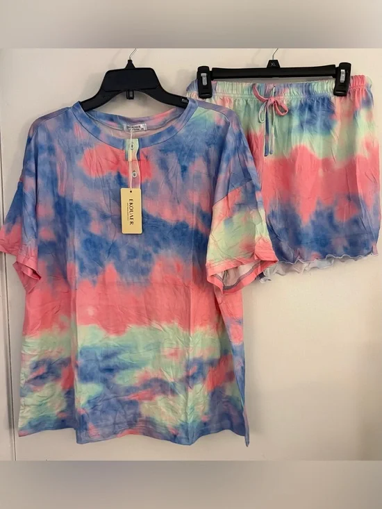 Women's Tie-Dye Henley Short Pajama Set in Coral, Blue & Mint