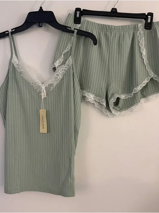 Ike & Jay Sage Green Ribbed Lace Cami & Short Sleep Set