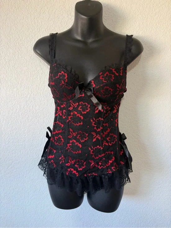 Vintage Gothic Red & Black Lace Bustier Corset Top