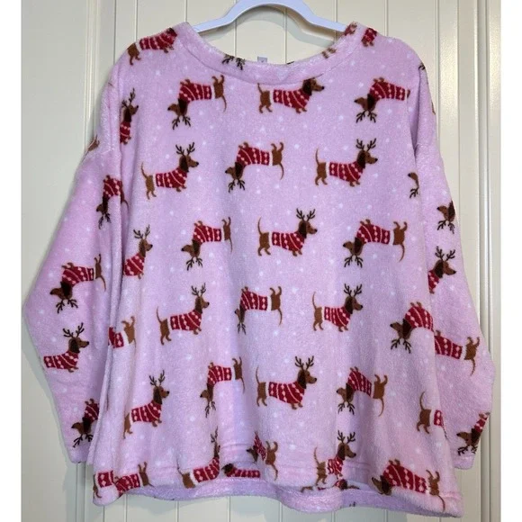JOYSPUN fleece Women's pajama‎ PJ Top Only Wiener Dog Dachshund Pink 2X Holiday