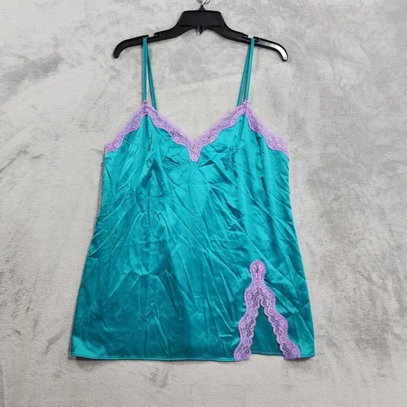 Victoria's Secret Chemise Womens L Blue Tease Satin Lace-Trim Mini Slip Retro