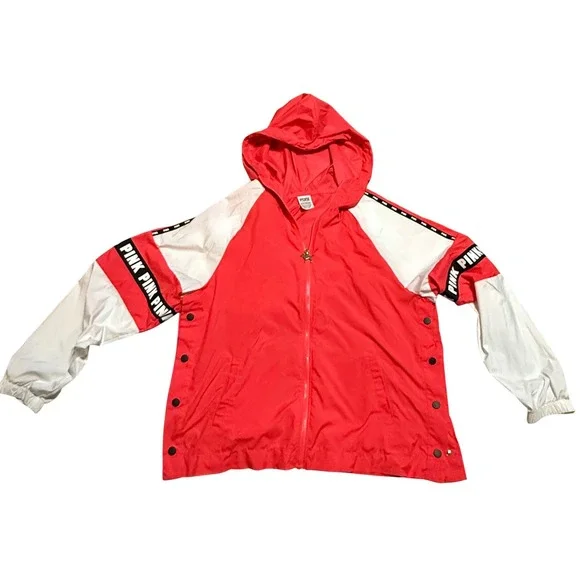 PINK‎ Victoria's Secret Hooded Windbreaker Jacket Neon Pink White Logo Snap XS