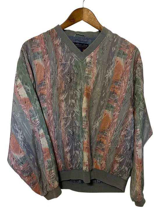 Vintage Silk Blend Long Sleeve Windbreaker V-Neck Sweater Retro M Golf