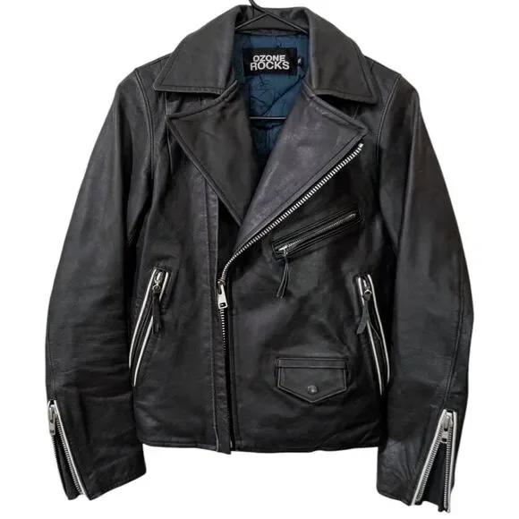 OZONE ROCKS Japanese Y2K VTG Black Leather Biker Jacket Quilted Lined Women's XS