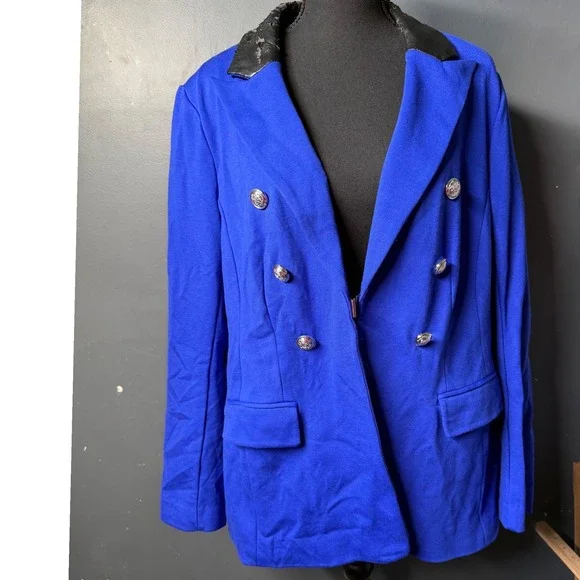 Lane Bryant Blue Bryant Blazer 18 Silver Button‎ Faux Leather Trim AS IS Repair