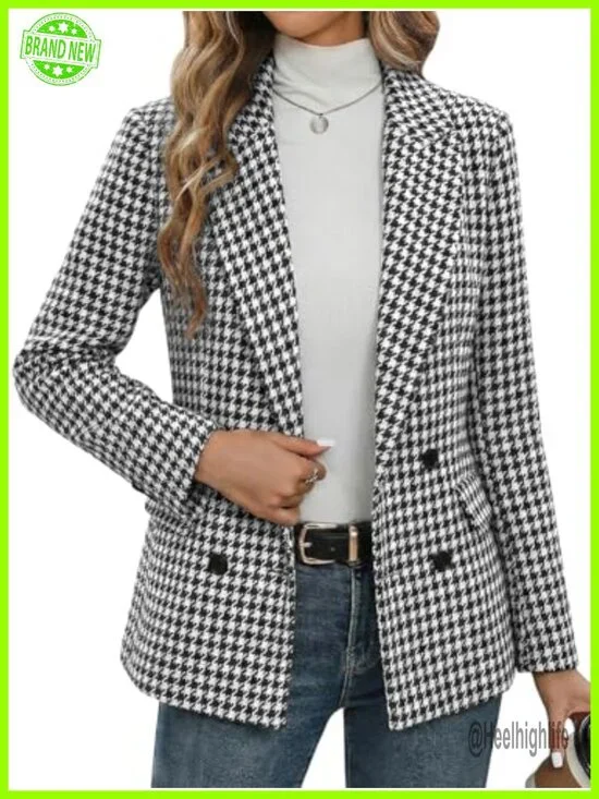 Tweed Houndstooth Blazer Jacket Plaid Fully-Lined Double-Breasted Casual Work