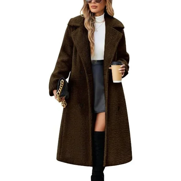 Oversized Faux Fur Long Coat Double-Breasted Winter Jacket with Pockets