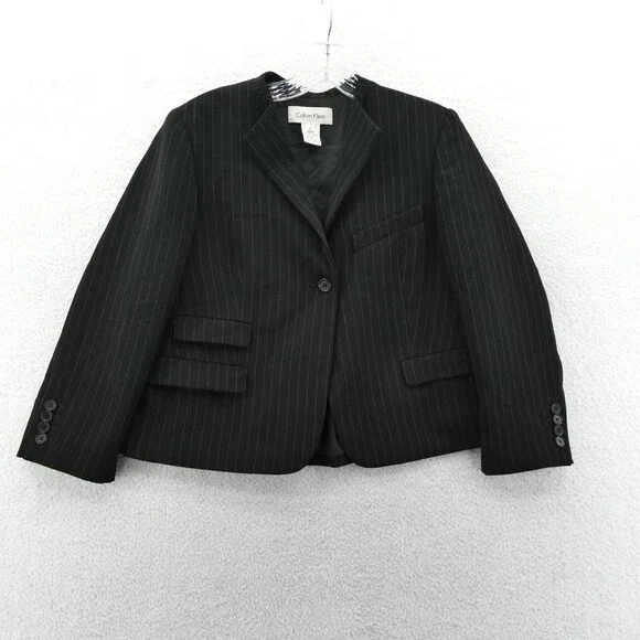 Calvin Klein Suit Womens Size‎ 2 Black Pinstripe Blazer Jacket Business Coat Top
