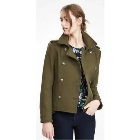Banana Republic Military Double‎ Breasted Peacoat Olive Green Twill Jacket XS