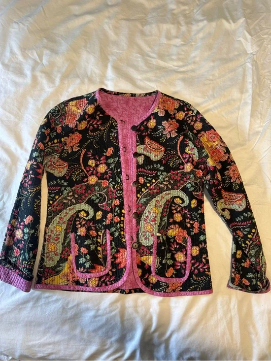 Handmade Floral Paisley Quilted Jacket with Pink Trim - S