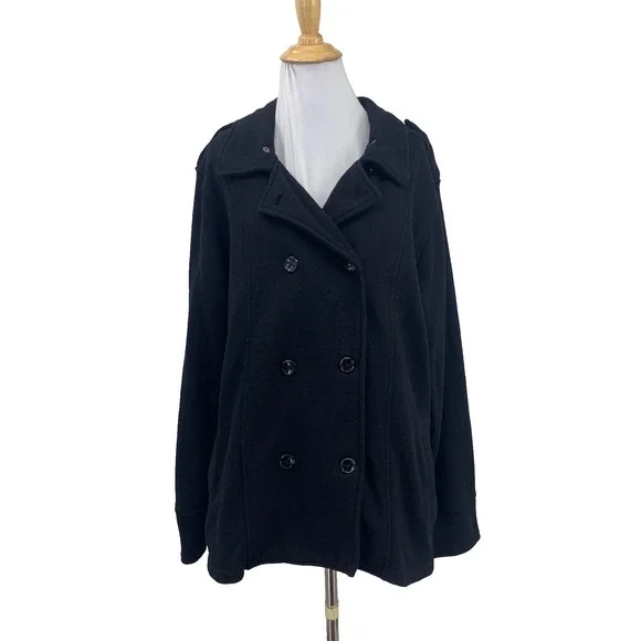 J Peterman Peacoat Womens L Large Black Double Breasted Notched Lapels Pockets