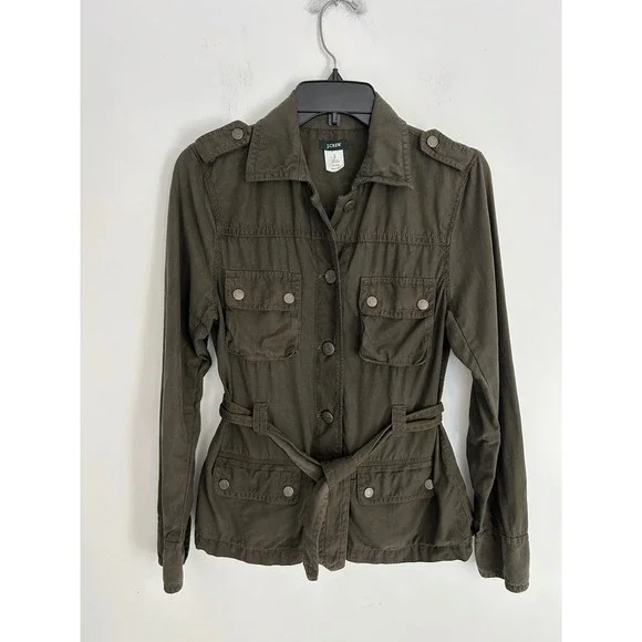 J.Crew Silk Cotton Utility Military Field Jacket Olive Green Safari Belted Sz SS