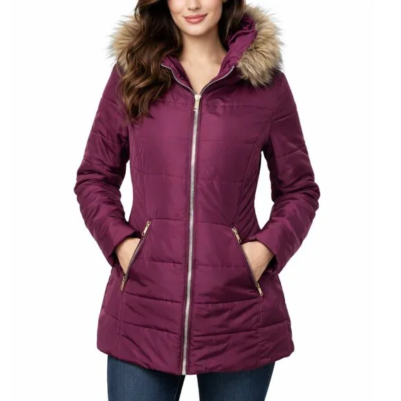 Maralyn & Me Dressed to Impress Puffer Jacket Maroon Purple Faux Fur Hood Large