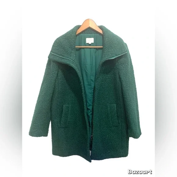 LOFT Women’s Green Bouclé Coat Size Zip Front Winter Jacket Size Large