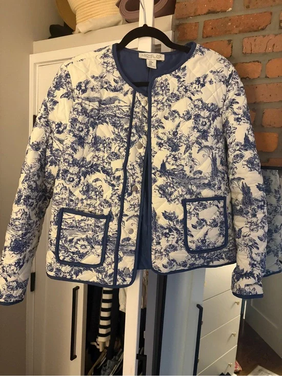 Rachel Zoe White Quilted Jacket with Blue Toile Print