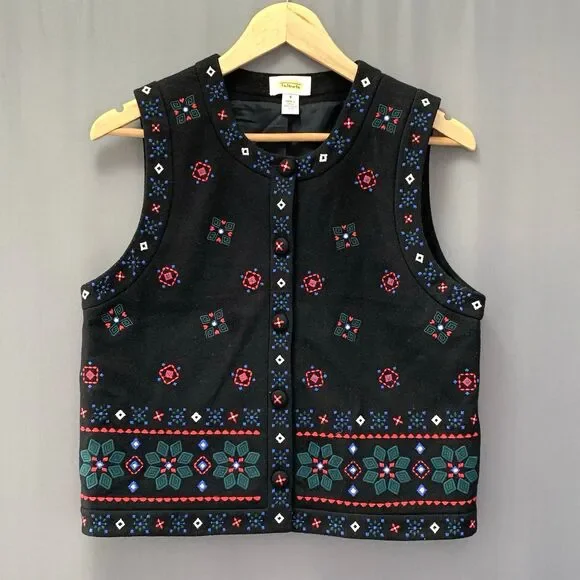 Vintage Talbots Embroidered Wool Blend Christmas Vest Small Black Festive Snow
