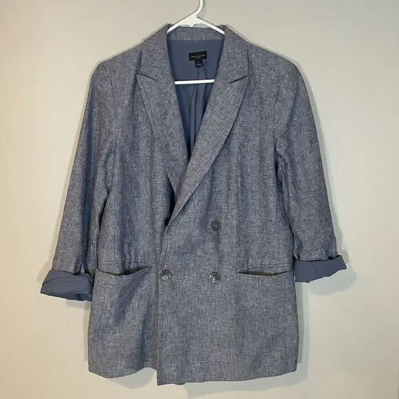 Ann Taylor Factory Double Breasted Linen Blend Blazer Size‎ 14 Chambray Denim