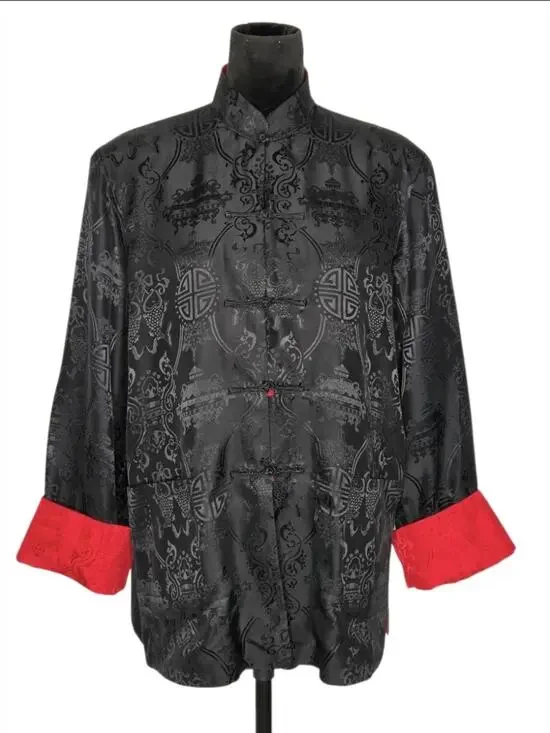 VTG Reversible Chinese Silk Jacket Mandarin Collar Frog Closure No Tag Fit XL