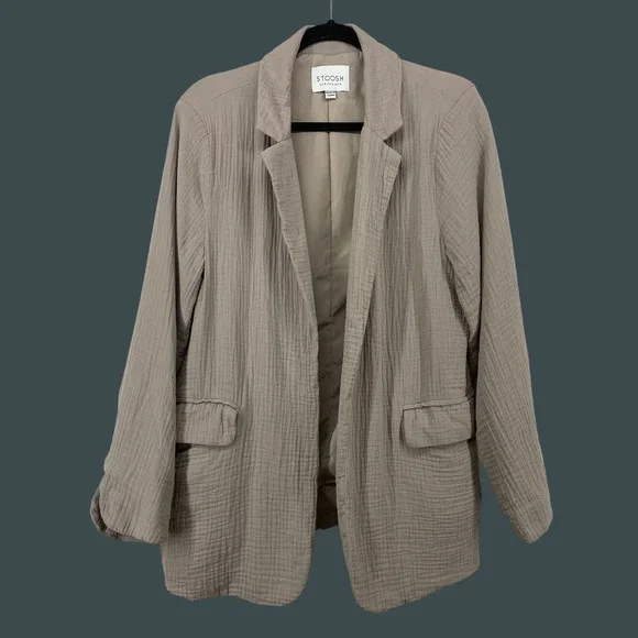 Stoosh Size Medium Blazer Taupe Gauze Textured Open Front Lightweight Womens
