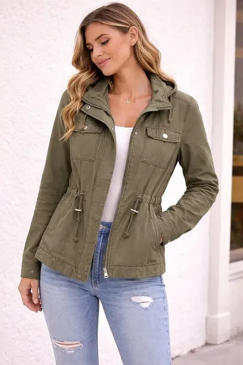 H&M Olive Green Utility Jacket Womens US 4 Hooded Drawstring Military Jacket