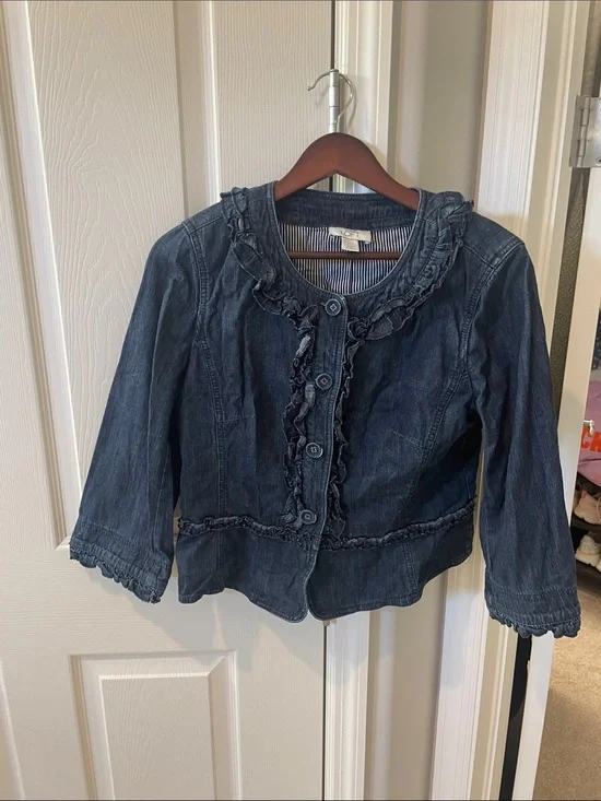 LOFT Dark Blue Ruffle-Trim Denim Jacket