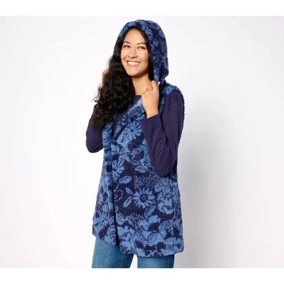 KOOLABURRA BY UGG Sherpa Fleece Vest Floral Hooded Blue Open Front Jacket Size L