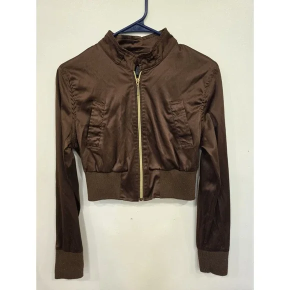 Wet Seal Womens L Brown Cropped Bomber Jacket Y2K Moto Zip Lightweight Coat