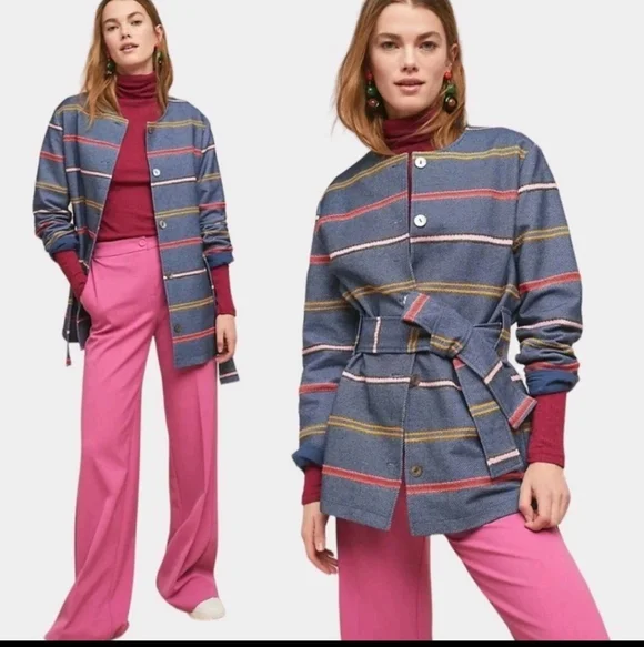 DOLAN Left Coast Piccadilly Striped Belted Jacket Women's‎ Small blue