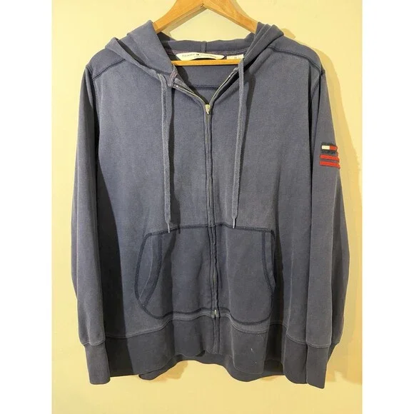 Y2K Tommy Hilfiger Woman Full Zip Navy Hooded Jacket W/Flag Arm Patch- 2002- 2X