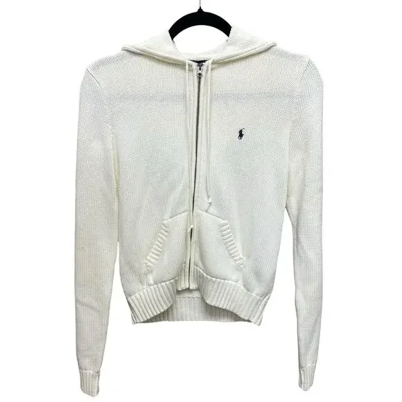 Vintage Ralph Lauren Pure Cotton Knit Zip Up Hooded Jacket White Medium AS IS