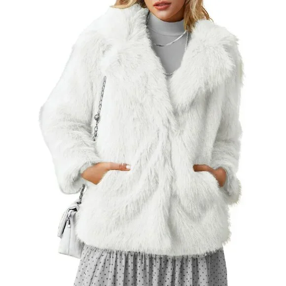 Faux Fur Jacket with Inner Lining, Snap Buttons, Pockets, Winter Warm