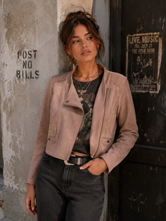 Haute Monde Blush Faux Suede Cropped Moto Biker Jacket w/Zippered Pocket Small